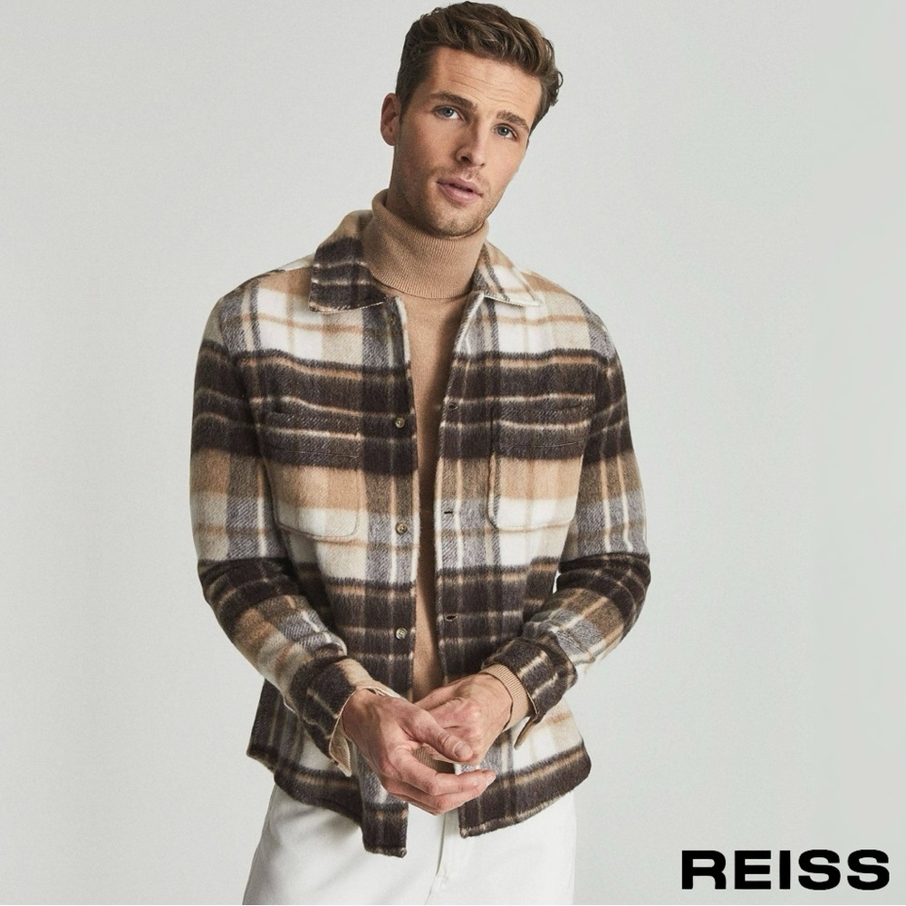 Reiss Men's Plaid Shirt Jacket in Brown, Cream & White